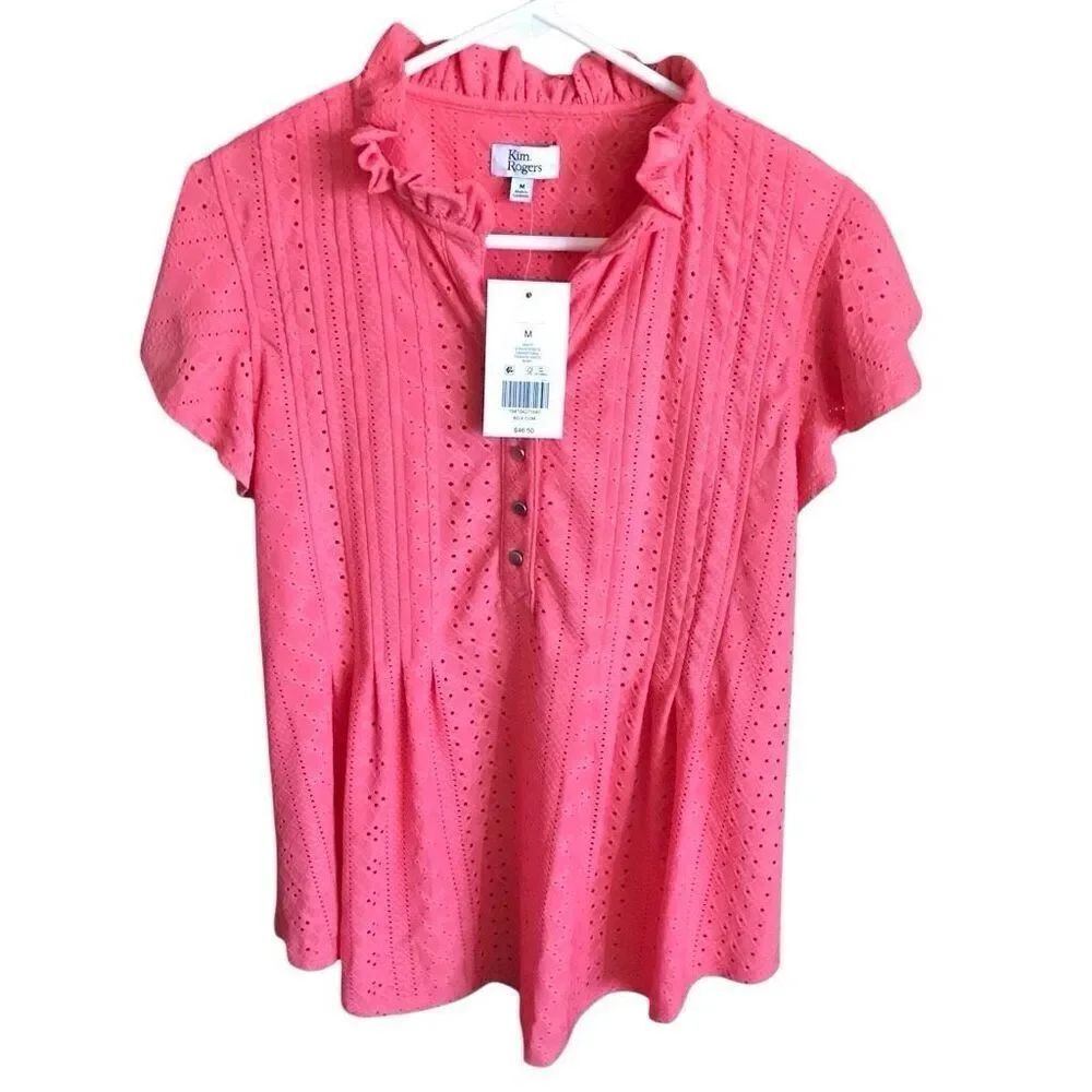 Kim Rogers Size Medium Coral orange Eyelet ruffle top women’s New with tags